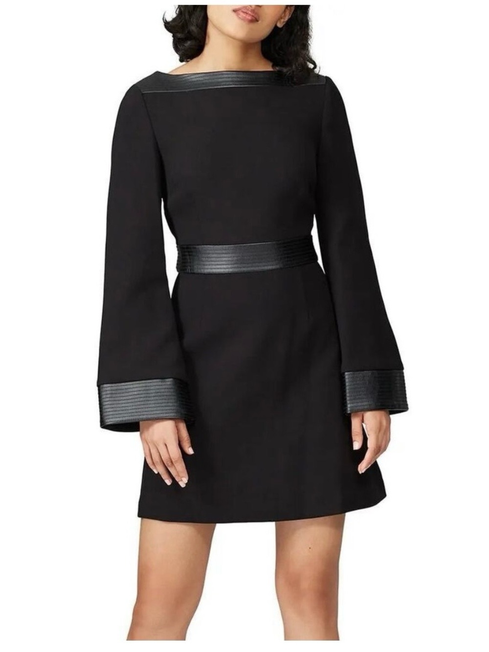 Toccin Faux Leather Trim Dress Long Sleeve Mini A-Line Moto Retro Black 6